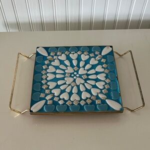 MCM Vintage Ceramic Mosaic Tile Trivet In Metal Stand With Handles